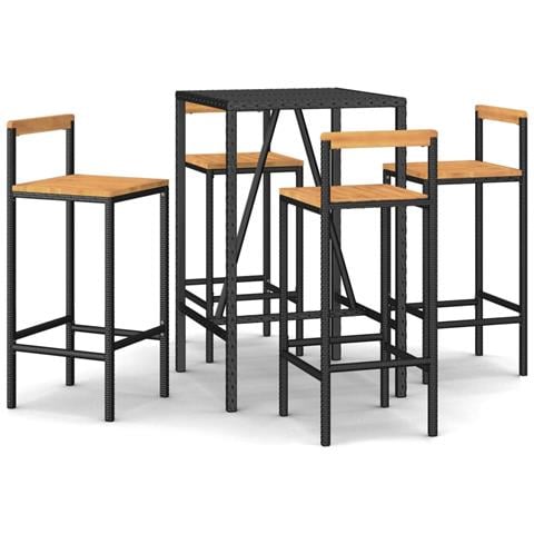 Set Bar Giardino 5 Pz Nero Polyrattan E Legno Massello Acacia - Foto 1