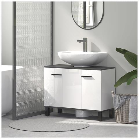 Mobile Sottolavabo Bagno con Armadietto 2 Ante e Ripiano Regolabile, 80x34x60 cm, Bianco Lucido - Foto 1