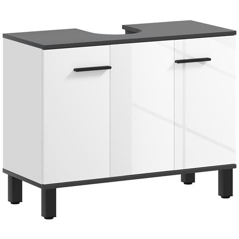 Mobile Sottolavabo Bagno con Armadietto 2 Ante e Ripiano Regolabile, 80x34x60 cm, Bianco Lucido - Foto 2