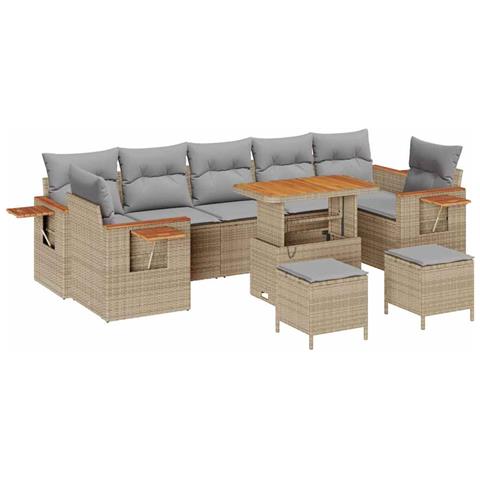 Set Divano Giardino 10 Pezzi Cuscini Beige Polyrattan Acacia,  Set Pranzo Giardino 3 Pezzi Cuscini Beige Polyrattan Acacia - Foto 1