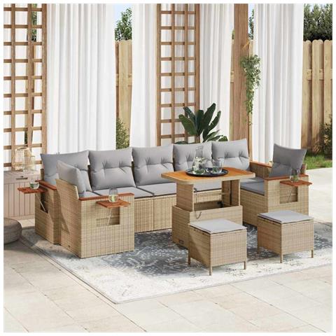 Set Divano Giardino 10 Pezzi Cuscini Beige Polyrattan Acacia,  Set Pranzo Giardino 3 Pezzi Cuscini Beige Polyrattan Acacia - Foto 2