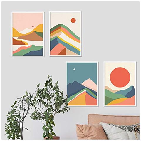Set Di 4 Stampe Poster Con Disegni Di Montagne A Colori Decorativi ""montagna Con Colori Rossastri"" Colorati Con Di Montagne Catene Senza Cornice A4 - Foto 1