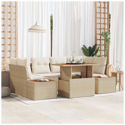Set da pranzo da giardino 7 pezzi con cuscini Beige in polyrattan e acacia - Foto 2