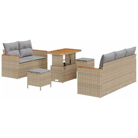 Set divani da giardino 8 pezzi con cuscini beige polirattan acacia, Set pranzo giardino 3 pezzi con cuscini beige polirattan acacia - Foto 1