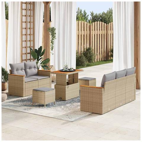 Set divani da giardino 8 pezzi con cuscini beige polirattan acacia, Set pranzo giardino 3 pezzi con cuscini beige polirattan acacia - Foto 2