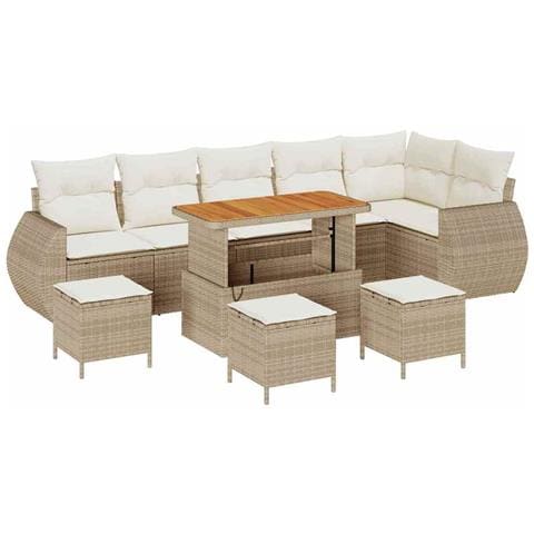 Set Divano Giardino 10 pezzi Cuscini Beige Vimini Acacia, Set Pranzo Giardino 4 pezzi Cuscini Beige Vimini Acacia - Foto 1