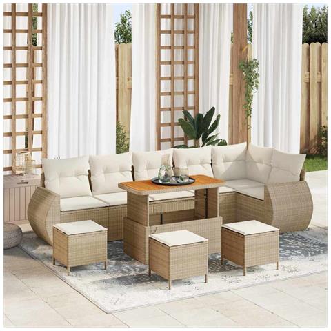 Set Divano Giardino 10 pezzi Cuscini Beige Vimini Acacia, Set Pranzo Giardino 4 pezzi Cuscini Beige Vimini Acacia - Foto 2