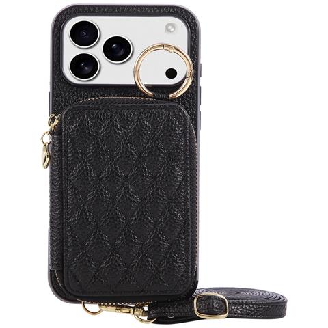 Elegante Custodia A Portafoglio In Pelle Pu Con Texture Lychee Compatibile Con Iphone 17 - Porta Carte A Tracolla Nera E Cavalletto - Foto 1