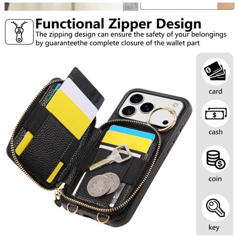 Elegante Custodia A Portafoglio In Pelle Pu Con Texture Lychee Compatibile Con Iphone 17 - Porta Carte A Tracolla Nera E Cavalletto - Foto 2