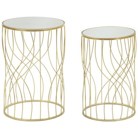 Tavolinetti Ligne In Ferro, Mdf E Specchio Dorato — Coppia Ø 38x55 E Ø 33x50 Cm - Foto 1