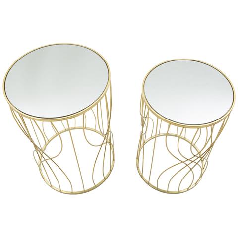Tavolinetti Ligne In Ferro, Mdf E Specchio Dorato — Coppia Ø 38x55 E Ø 33x50 Cm - Foto 2