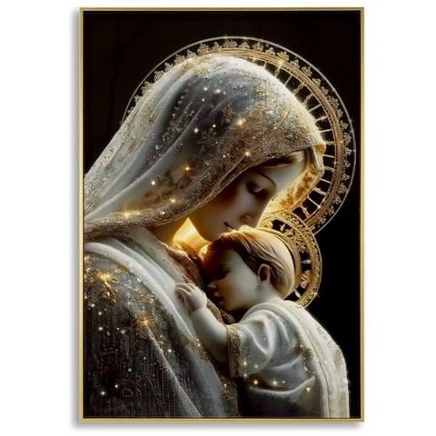 Stampa Su Tela Laccata Maternity Madonna Con Bambino In Oro Con Cornice Dorata - Foto 1