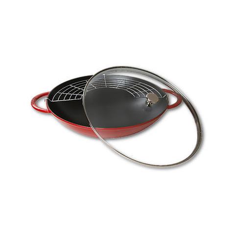 Wok in Ghisa con Coperchio in Vetro Diametro 37 cm Capacità 5.7 lt Colore Rosso Ciliegia  - Foto 1