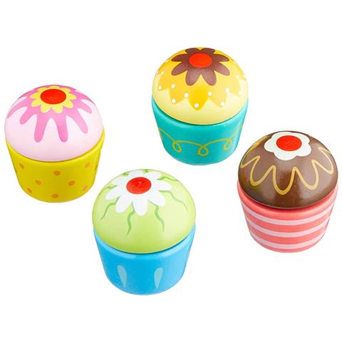 Set 4 Dolcetti Cup Cake in Legno Giocattolo Bambini Crea Cucina il tuo Cupcake - Foto 1