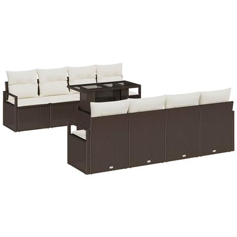 Set di divani da giardino 9 pezzi con cuscini marrone in polyrattan, Divano da giardino 2 posti con cuscini marrone in polyrattan - Foto 1