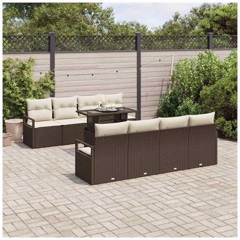 Set di divani da giardino 9 pezzi con cuscini marrone in polyrattan, Divano da giardino 2 posti con cuscini marrone in polyrattan - Foto 2
