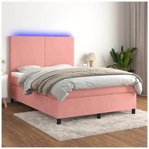Letto a Molle con Materasso e LED Rosa 140x190 cm in Velluto - Foto 2