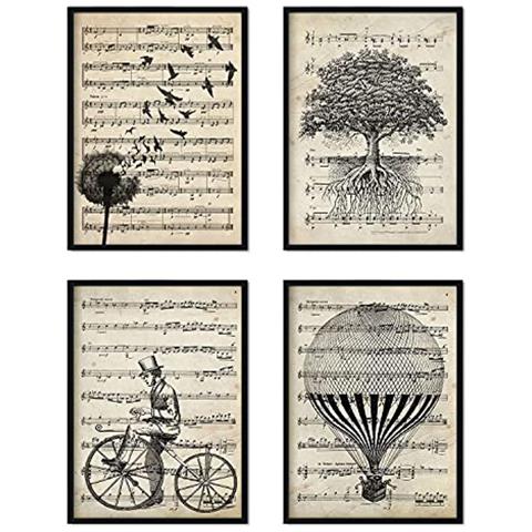Set Di 4 Stampe Sfondo Con Pentagramma Musicale Raffigurazione In Primo Piano Di Mongolfiera Dente Di Leone Albero E Bicicletta Cornice Nera A4 - Foto 1