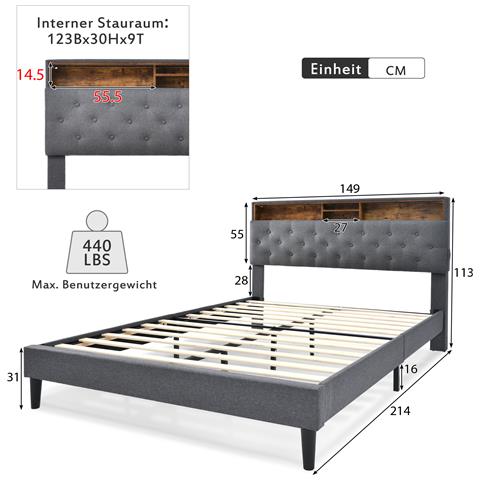 Letto Matrimoniale Innovativo Con Stoccaggio Nella Testiera E Illuminazione Led - Foto 3