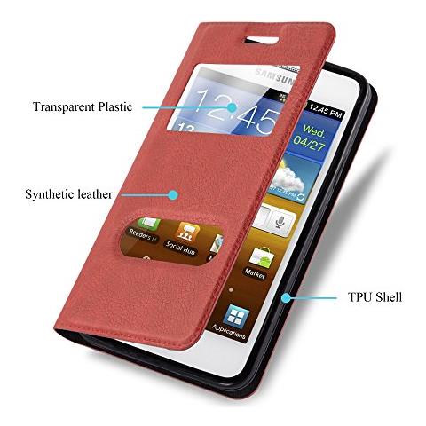 Custodia Compatibile Con Samsung Galaxy S2 / S2 Plus In Rosso Zafferano - Coperchio Protettivo Con Chiusura Magnetica, Funzione Stand E 2 Finestre Di Visualizzazione - Foto 2