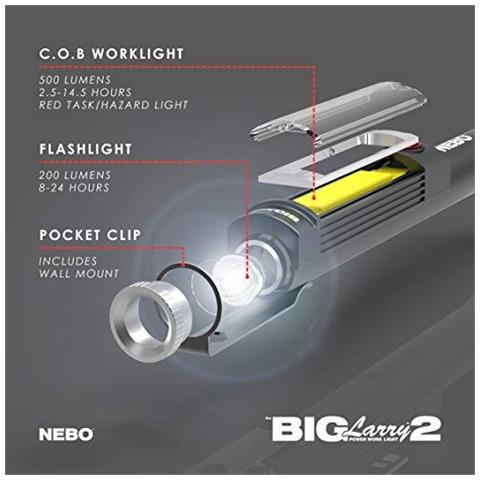 Nb6737 Big Larry 2 - Cob 500 Lumen Worklight Torcia Con Rosso Di Emergenza Signal Mode Nero - Foto 2