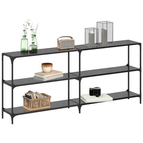 Tavolino Consolle Con Piano In Vetro Nero 194,5x30x81cm Acciaio - Foto 3