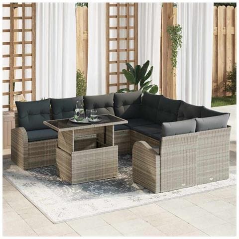 Set di Divani da Giardino da 9 Pezzi con Cuscini in Polyrattan Grigio Chiaro - Foto 2