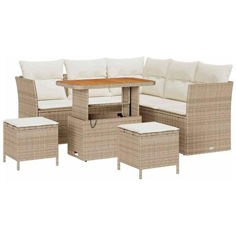 Set Divano da Giardino a 8 Pezzi con Cuscini in Rattan Poliestere Beige e Acacia, Set da Pranzo da Giardino a 3 Pezzi con Cuscini in Rattan Poliestere Beige e Acacia - Foto 1