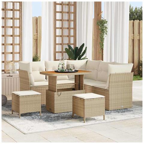Set Divano da Giardino a 8 Pezzi con Cuscini in Rattan Poliestere Beige e Acacia, Set da Pranzo da Giardino a 3 Pezzi con Cuscini in Rattan Poliestere Beige e Acacia - Foto 2