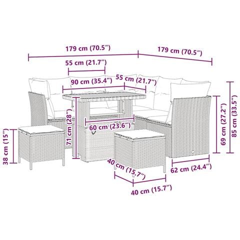 Set Divano da Giardino a 8 Pezzi con Cuscini in Rattan Poliestere Beige e Acacia, Set da Pranzo da Giardino a 3 Pezzi con Cuscini in Rattan Poliestere Beige e Acacia - Foto 9