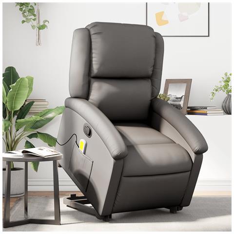 Poltrona Alzapersona Massaggiante Reclinabile Grigia Vera Pelle - Foto 2