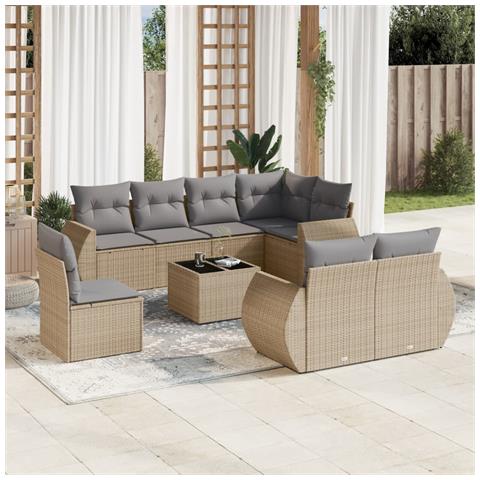 Set Divano da Giardino 9 pz con Cuscini Beige in Polyrattan - Foto 2