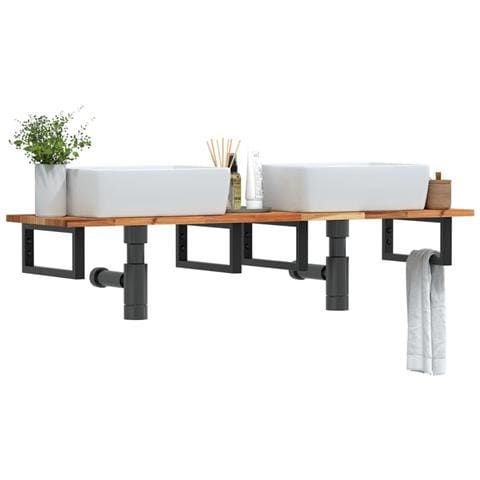 Ripiano a Parete per Lavabo in Acciaio e Massello di Acacia - Foto 2