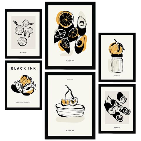 Set Di 6 Stampe Stampe Artistiche E Astratte Per L'interior Design Con Inchiostro Nero A3 & A4 Senza Cornice - Foto 1