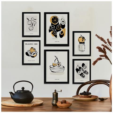Set Di 6 Stampe Stampe Artistiche E Astratte Per L'interior Design Con Inchiostro Nero A3 & A4 Senza Cornice - Foto 4