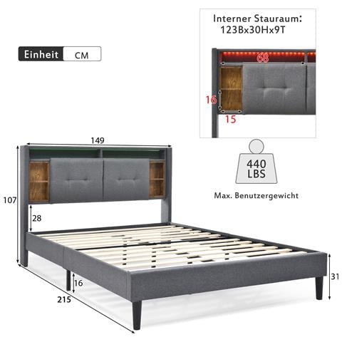 Letto Grigio Con Archiviazione Nella Testata, Porte Usb E Illuminazione Led Integrata - Foto 2