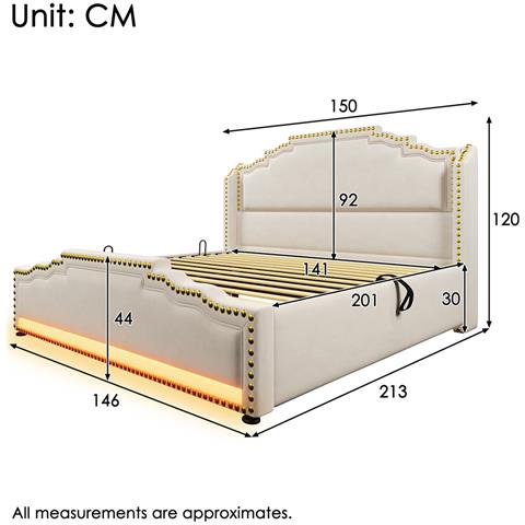 Letto Imbottito 140x200, Letto Matrimoniale Con Contenitore Idraulico, Letto Contenitore E Letto Per Ragazzi, Beige, Senza Materasso - Foto 1