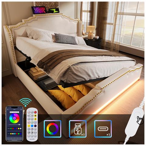 Letto Imbottito 140x200, Letto Matrimoniale Con Contenitore Idraulico, Letto Contenitore E Letto Per Ragazzi, Beige, Senza Materasso - Foto 2