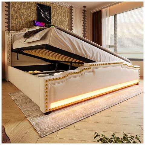 Letto Imbottito 140x200, Letto Matrimoniale Con Contenitore Idraulico, Letto Contenitore E Letto Per Ragazzi, Beige, Senza Materasso - Foto 4