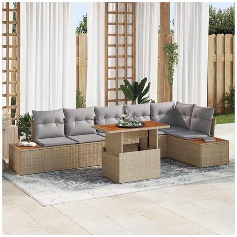 Set da pranzo da giardino 7 pezzi con cuscini beige in rattan polietilene e acacia - Foto 2