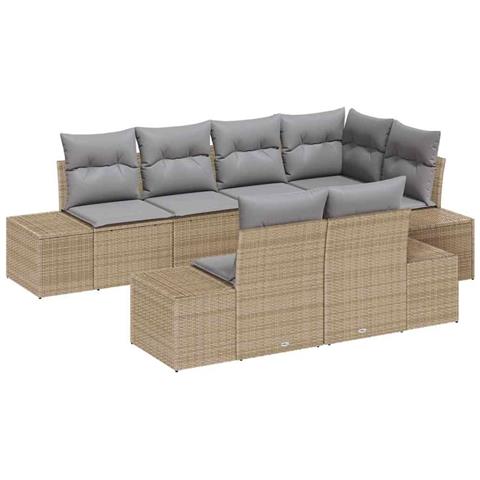 Set divano da giardino 7 pezzi con cuscini beige polyrattan - Foto 1