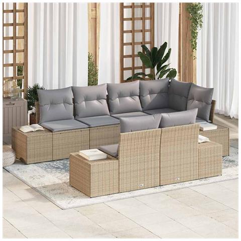 Set divano da giardino 7 pezzi con cuscini beige polyrattan - Foto 2