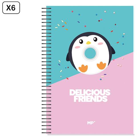 Pack 6 Unità Quaderno A Cerniera Fº 80 Fogli 90 G/m² Design Delicious Friends Pinguino - Foto 1