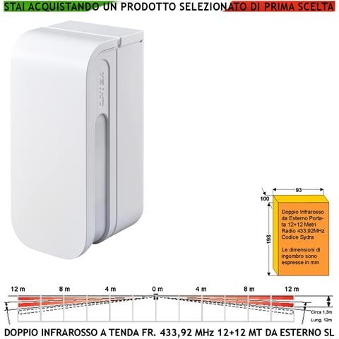 Rilevatore Di Movimento Infrarosso Doppia Tenda Da Esterno Copertura 12+12 Metri Lineari Wireless Frequenza 433,92 Mhz - Foto 1