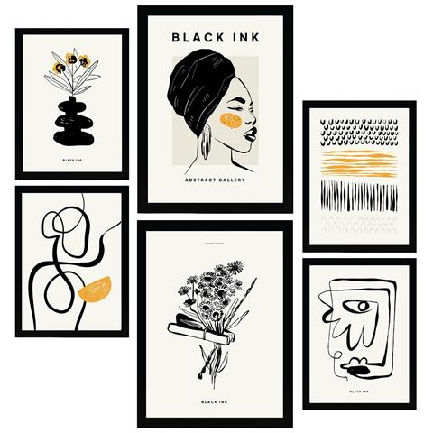 Set Di 6 Stampe Stampe Artistiche E Astratte Con Inchiostro Nero Per L'interior Design A3 & A4 Senza Cornice - Foto 1