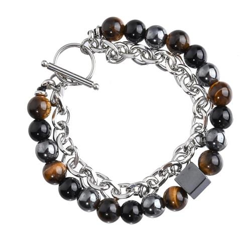 Bracciale Con Perle Di Pietra Vulcanica E Catena In Ferro - Naturale E Unico - Foto 1