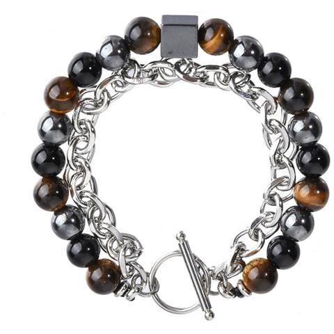 Bracciale Con Perle Di Pietra Vulcanica E Catena In Ferro - Naturale E Unico - Foto 2
