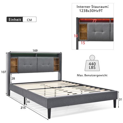 Letto Grigio Multifunzione Con Presa, Led, Stoccaggio E Dimensioni Ottimizzate - Foto 3