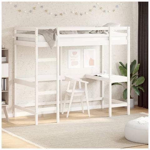 Letto Soppalco Con Scrivania Bianco 90x190 Cm Massello Pino - Foto 2