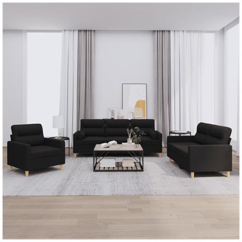 Set Divani 3 Pz Con Cuscini Nero In Tessuto - Foto 1